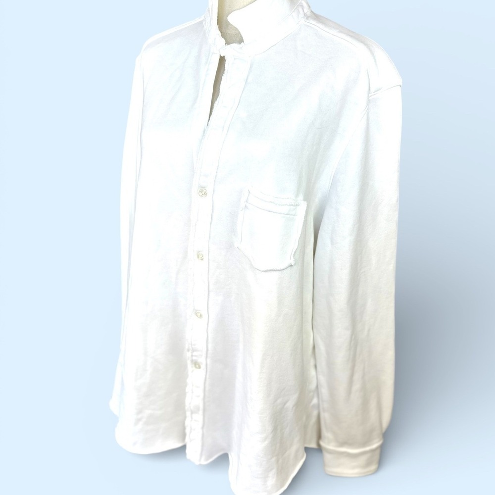 Frank &‎ Eileen Joann French Terry Button Down Shirt White Raw Edge Pocket - Picture 6 of 16